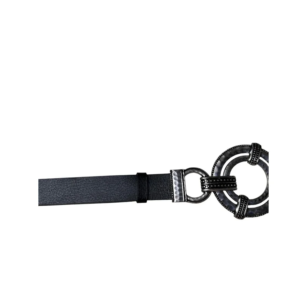 Chicos Black Genuine Leather Medallion Belt Silver Hammered Buckle AdjustableS/M